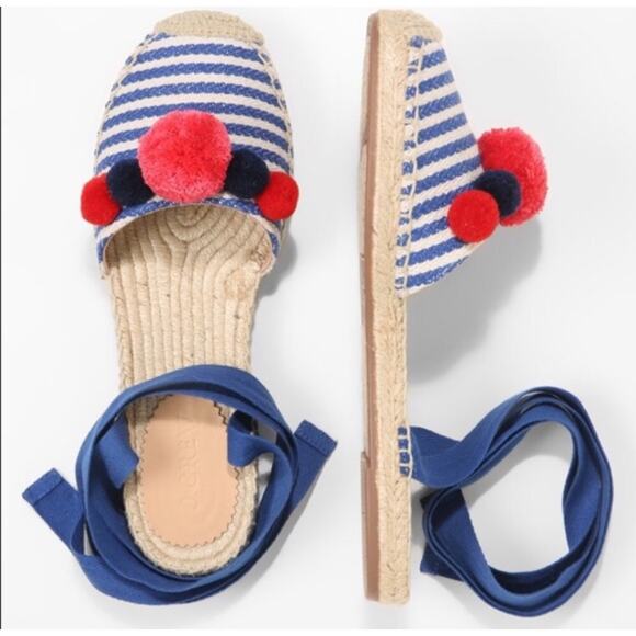 J. Crew Women's Blue Red Striped Ankle Wrap Pom Pom Espadrille Flats NIB Size 9 - Picture 2 of 9